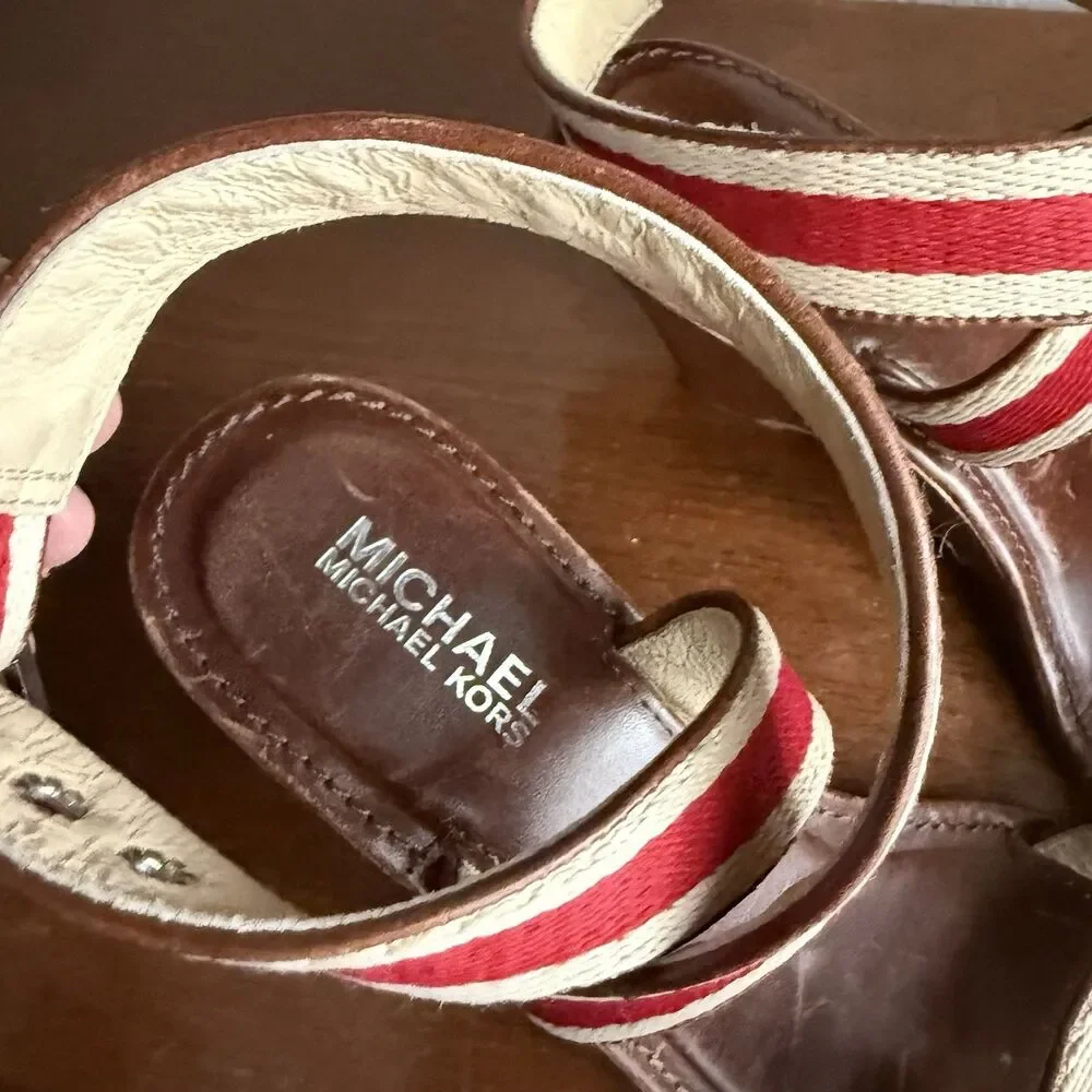 Michael Kors Leather Wedge Ankle Buckle Strap Sandals Shoe Sz 6.5 Red Stripe